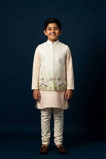 Yoseba Floral Embroidered Nehru Jacket & Kurta Set For Kids
