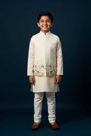 Yoseba Floral Peacock Embroidered Nehru Jacket For Kids