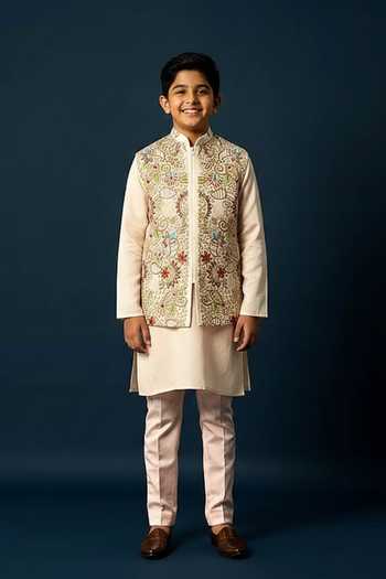 Yoseba Cutdana Embroidered Nehru Jacket & Kurta Set For Kids