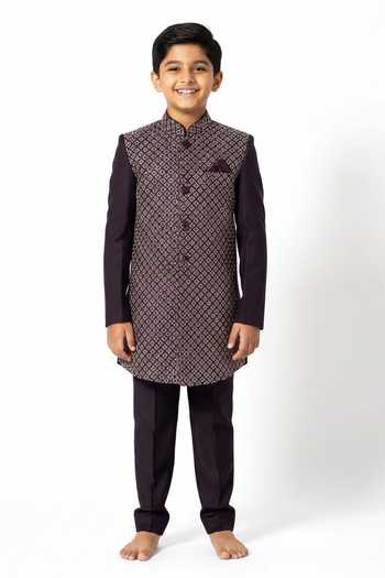 Yoseba Floral Embroidered Wine Achkan & Pant Set For Kids