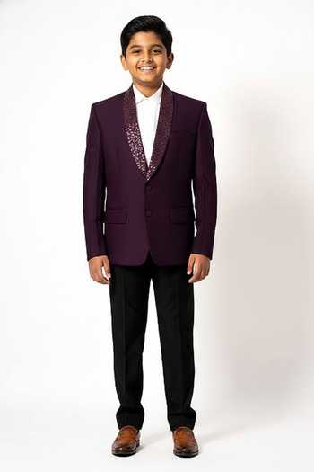 Yoseba Wine Embroidered Blazer & Trouser Set For Kids