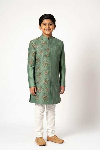 Yoseba Floral Bloom Embroidered Achkan Set For Kids