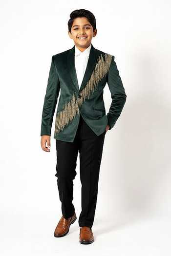 YOSEBA Green Embroidered Blazer & Trouser Set For Kids