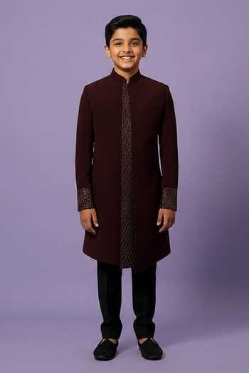 Yoseba Wine Panelled Achkan With Trouser For Kids