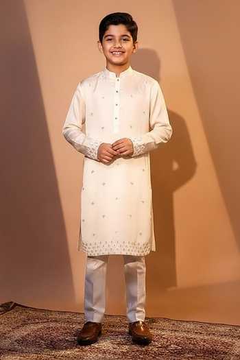 Yoseba Ivory Embroidered Kurta & Pant Set For Kids