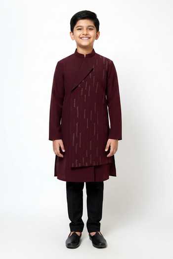 Yoseba Wine Asymmetric Embroidered Achkan & Trouser For Kids