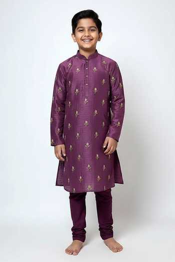 YOSEBA Plum Zardozi Embroidered Kurta & Pant Set For Kids