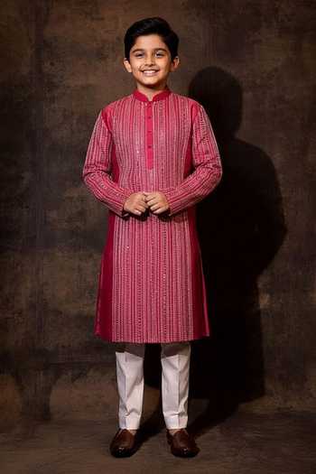 Yoseba Reddish Pink Mirror Thread Work Kurta & Pant Set For Kids