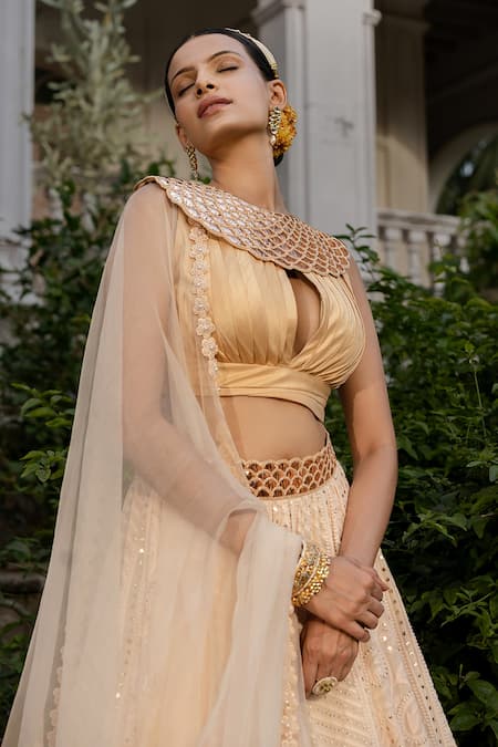 Buy_Amrin Khan_Gold Georgette Embroidery Thread Round Chikankari Lehenga Set  _Online_at_Aza_Fashions