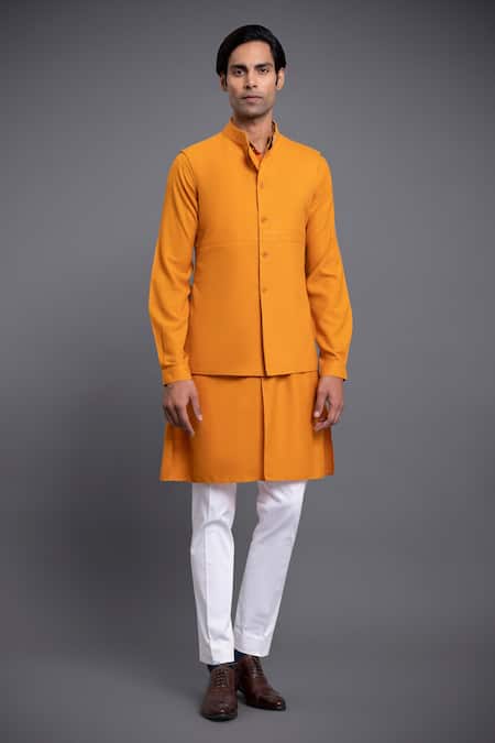 Raghavendra Rathore Jodhpur_Orange Cotton Thread Waistcoat_Online_at_Aza_Fashions