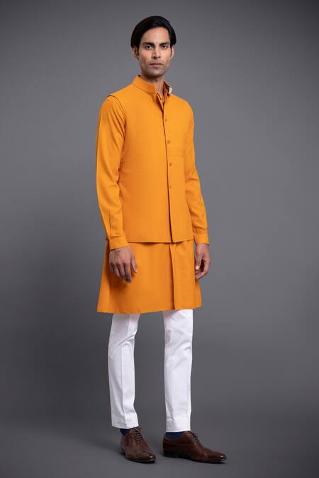 Buy_Raghavendra Rathore Jodhpur_Orange Cotton Thread Waistcoat_Online_at_Aza_Fashions