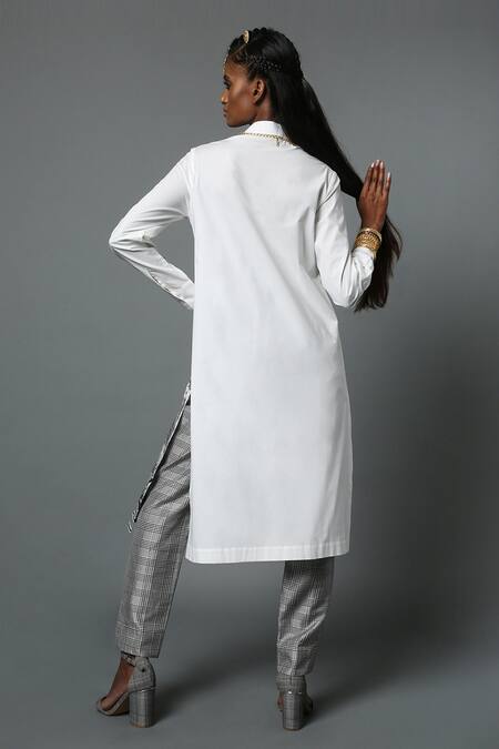 Shop_House of Three_White Cotton Poplin Printed Line Art Mandarin Tamil Nadu Kurta  _at_Aza_Fashions