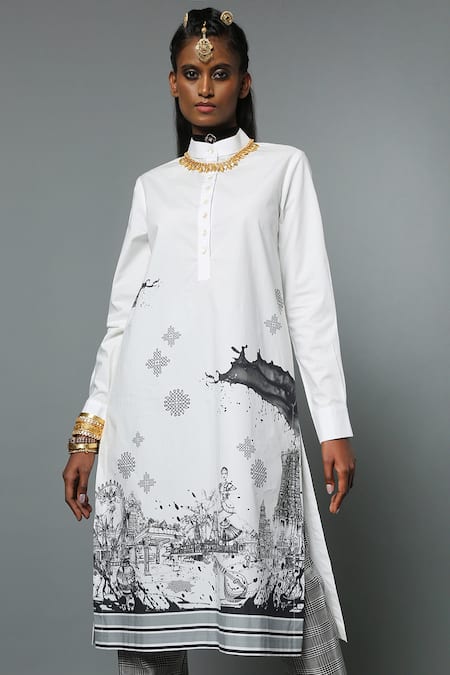 Buy_House of Three_White Cotton Poplin Printed Line Art Mandarin Tamil Nadu Kurta  _Online_at_Aza_Fashions