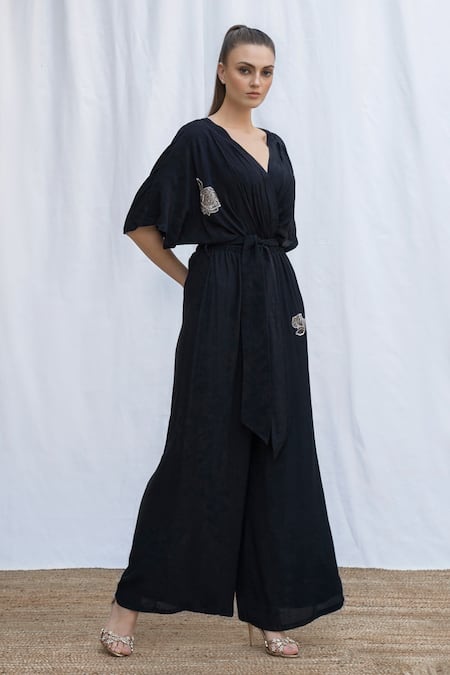 Buy_Amrta By Guneet Kondal_Black Viscose Sequins V-neck Kimono Style Jumpsuit _Online_at_Aza_Fashions