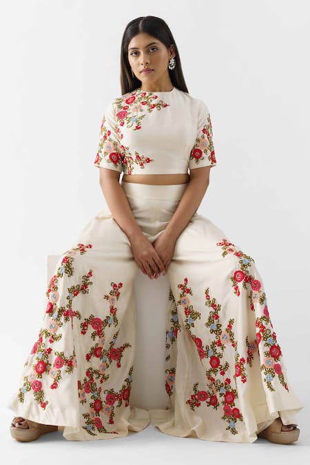 suruchi parakh White Tussar Silk Embroidered Floral Motif Thread Palazzo And Crop Top Set