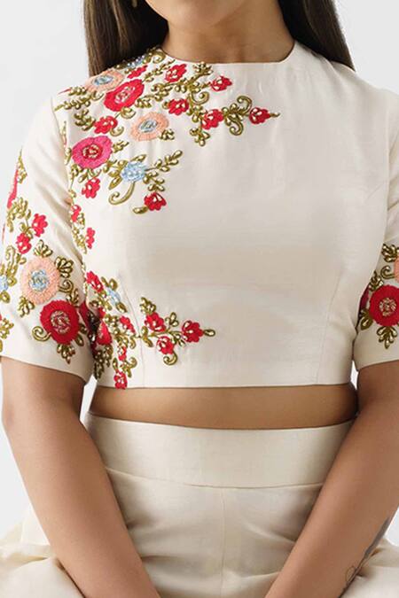 Buy_Suruchi Parakh_White Tussar Silk, Lining Shantoon Floral Motif Thread Palazzo And Crop Top Set_Online_at_Aza_Fashions