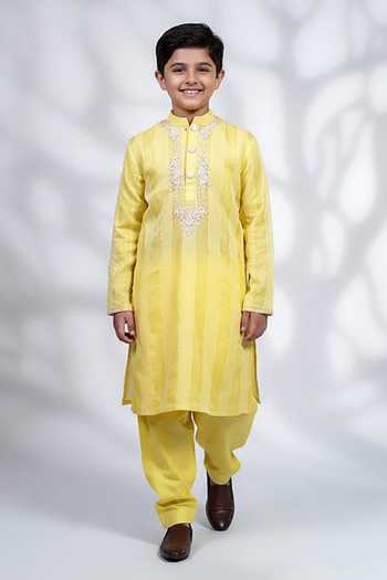 Menero Yellow Thread Embroidered Kurta & Pyjama Set For Kids