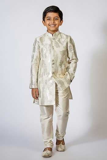 Rng Safawala White Resham Embroidered Achkan Set For Kids