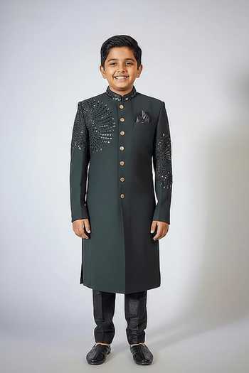 Rng Safawala Bottle Green Sequin Applique Achkan Set For Kids