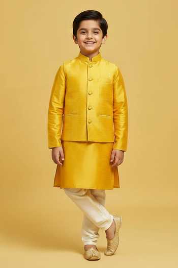 Rng Safawala Yellow Thread Embroidered Bundi Kurta Set For Kids
