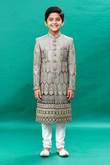 Rng Safawala Grey & Off White Embroidered Sherwani Set For Kids