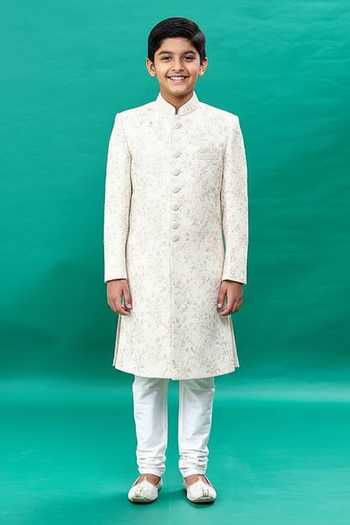 Rng Safawala Off White Embroidered Sherwani Set For Kids
