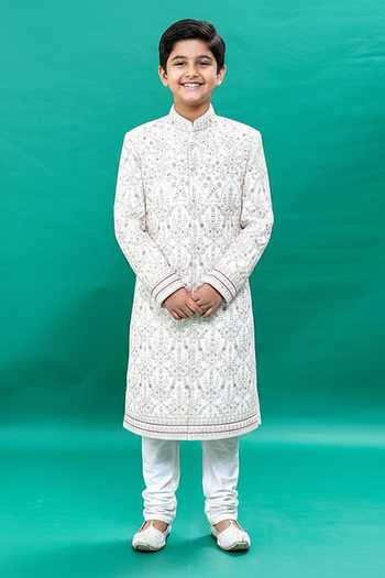 Rng Safawala Off White Embroidered Sherwani Set For Kids