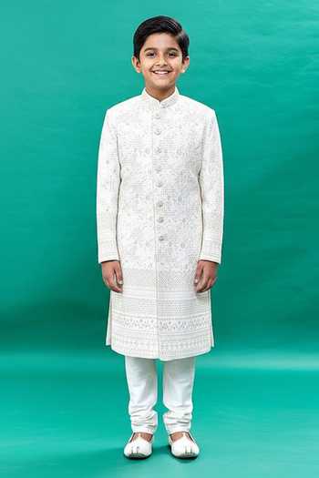 Rng Safawala Off White Raw Silk Embroidered Sherwani Set For Kids