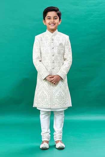Rng Safawala Off White Embroidered Sherwani Set For Kids