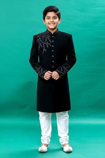 Rng Safawala Black Cutdana Embroidered Achkan Set For Kids