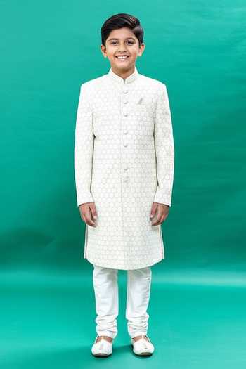 Rng Safawala Off White Embroidered Sherwani Set For Kids