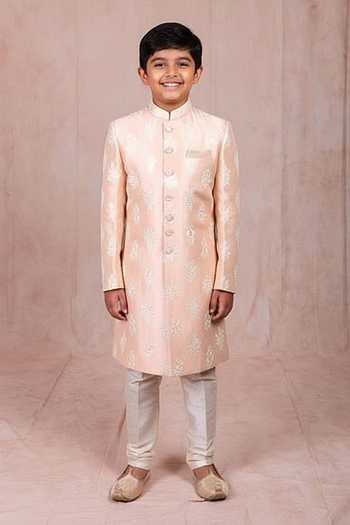 Rng Safawala Pink Raw Silk Embroidered Sherwani Set For Kids