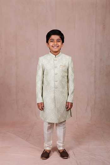 Rng Safawala Green Embroidered Sherwani Set For Kids