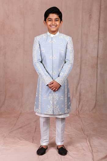 Rng Safawala Maya Blue Floral Embroidered Sherwani Set For Kids