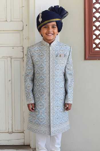 Rng Safawala Floral Embroidered Ice Blue Sherwani Set For Kids