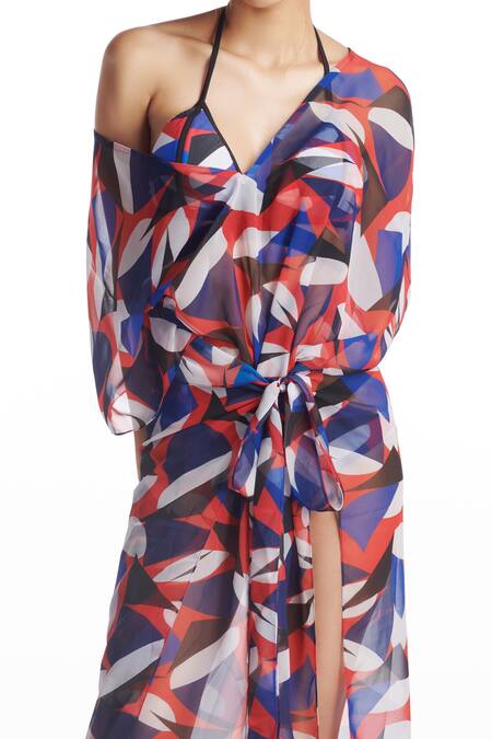 Kai Resortwear_Red One Shoulder Scarlet Geometric Print Kaftan Cover Up_Online_at_Aza_Fashions