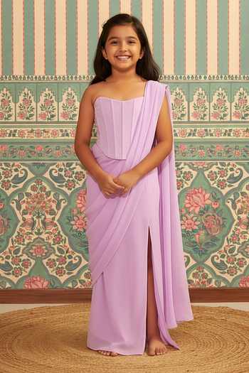 Ankita Bajaj Label Lavender Pre-Draped Saree With Corset For Kids