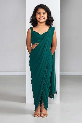 Ankita Bajaj Label Emerald Green Pre-Draped Saree Set For Kids
