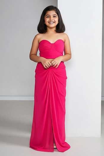 Ankita Bajaj Label Fuchsia Pink Bustier & Draped Skirt Set For Kids