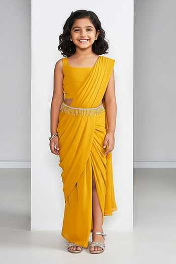 Ankita Bajaj Label Mustard Pre-Draped Saree & Blouse Set For Kids