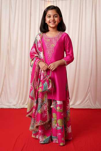 Chrkha Pearl Embroidered Kurta Pant Set For Kids