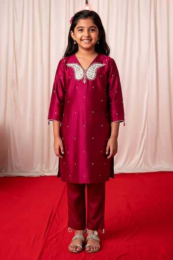Buy Chrkha Mint Cotton Satin, Chanderi Silk Embroidery, Floral Print Kurta Sharara Set For Kids at Aza Fashions Buy_Chrkha_Mint Cotton Satin, Chanderi Silk Embroidery, Floral Print Kurta Sharara Set For Kids_at_Aza_Fashions