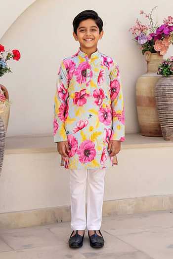 Chrkha Floral Print Kurta Set With Pant For Kids