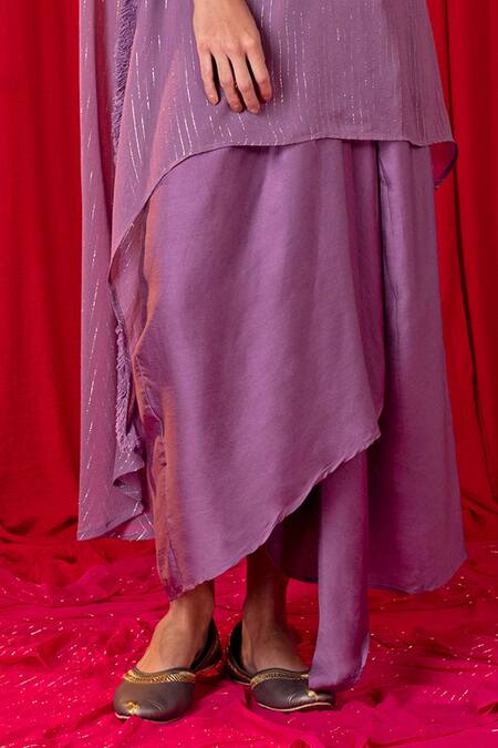 Enech_Purple Shimmer Georgette Jhalar Asymmetric Kimono And Draped Skirt Set  _at_Aza_Fashions