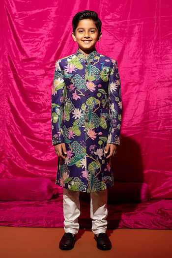 Chrkha Floral Print Sherwani & Pant Set For Kids