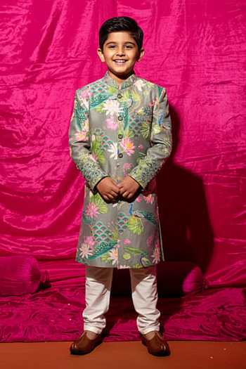 Chrkha Floral Print Sherwani & Pant Set For Kids