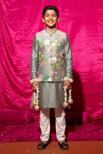 Chrkha Floral Print Nehru Jacket & Kurta Set For Kids