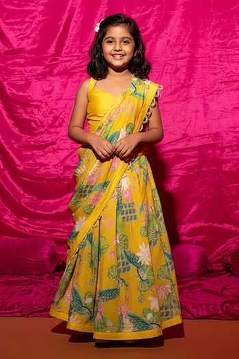 Chrkha Floral Printed Chanderi Silk Saree For Kids