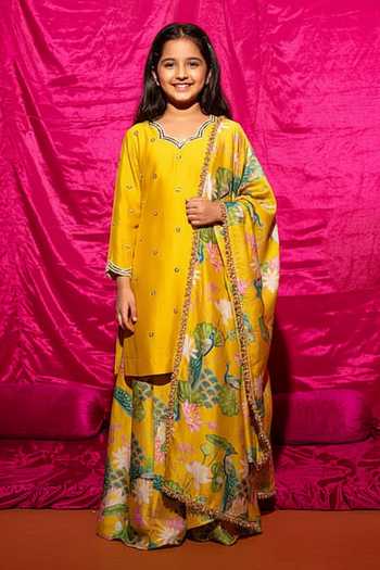 Chrkha Floral Print Chanderi Silk Kurta Set For Kids