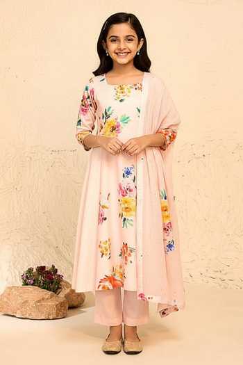 Chrkha Pink Floral Print Kurta Set For Kids